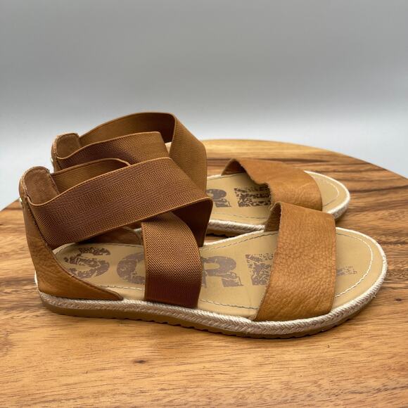 Sorel Ella II Sandals Tan Leather Elastic Strap Espadrilles Casual Comfort Shoes - Picture 1 of 8
